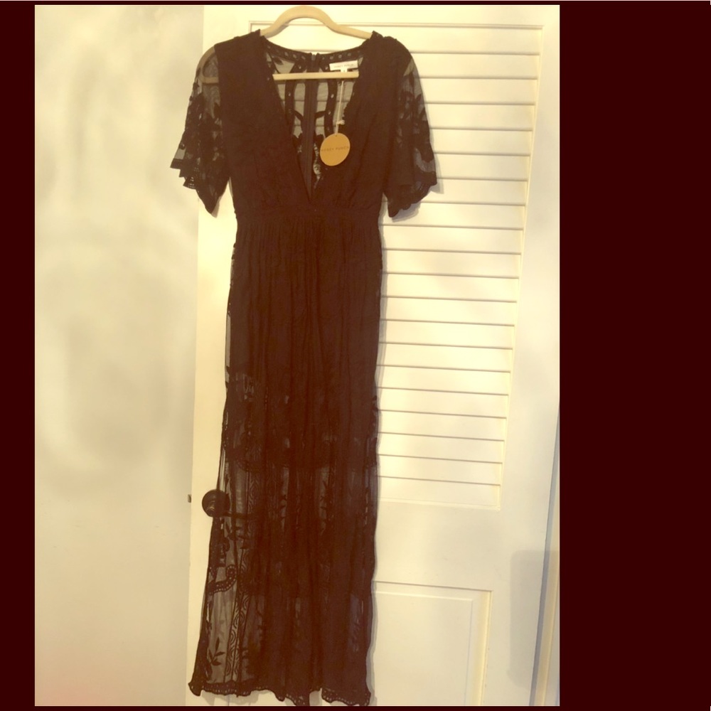 NWT Small: Boutique Black Lace Maxi Romper Dress